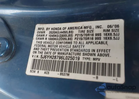 2006 Honda Element Ex-P z USA, uszkodzony, nr VIN 5J6YH28796L025019